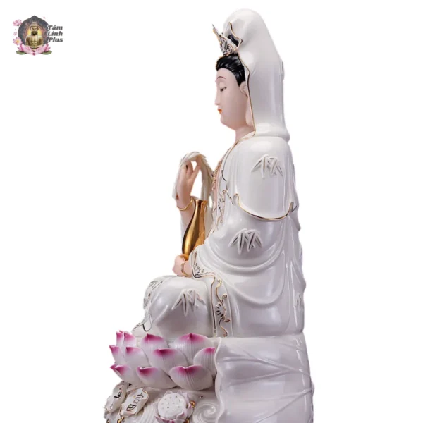 Tượng Phật Bà Quan Âm Sứ Trắng Tọa Đài Sen Hồng Cao 30cm 35cm 40cm 45cm